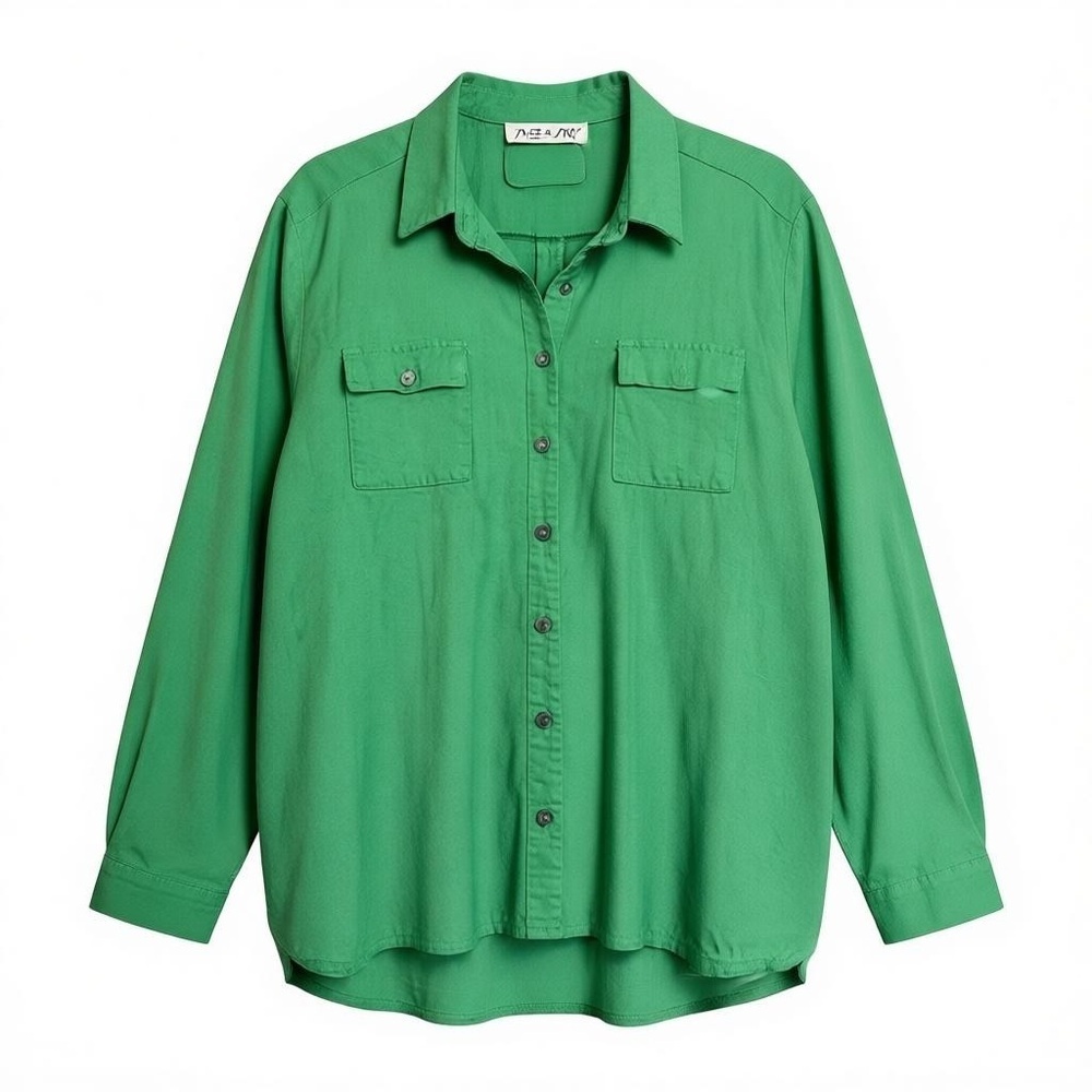 She + Sky Green Linen Blend Button Up Shirt Size M Long Sleeve Preppy Workwear